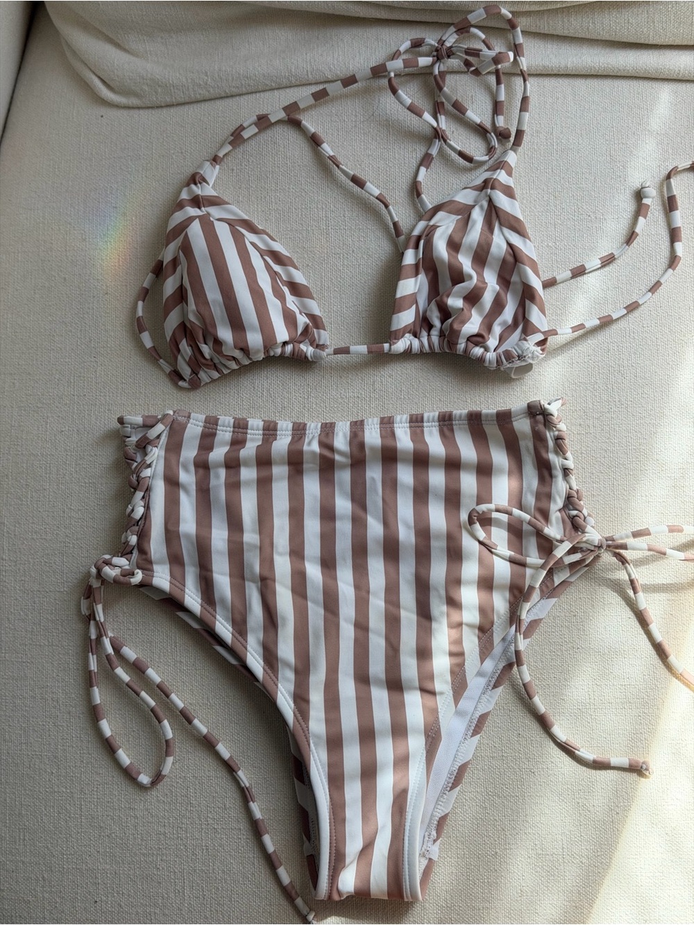 White and Tan Striped Bikini Set